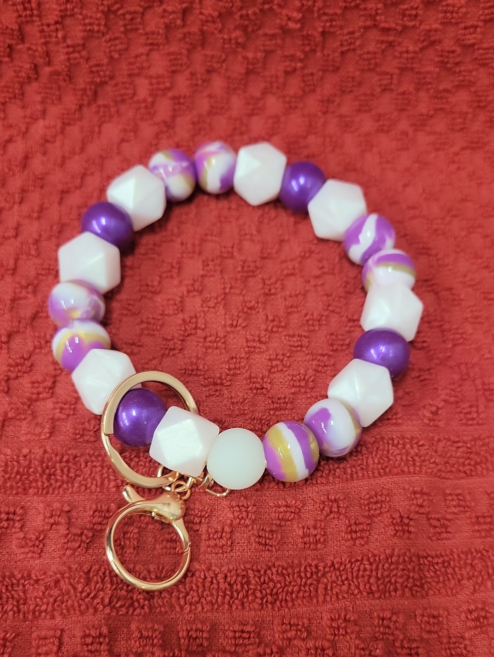 Purple & White Beaded Stretch Bracelet Keyring